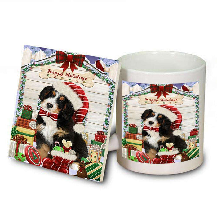 Happy Holidays Christmas Bernedoodle Dog House with Presents Mug and Coaster Set MUC51327