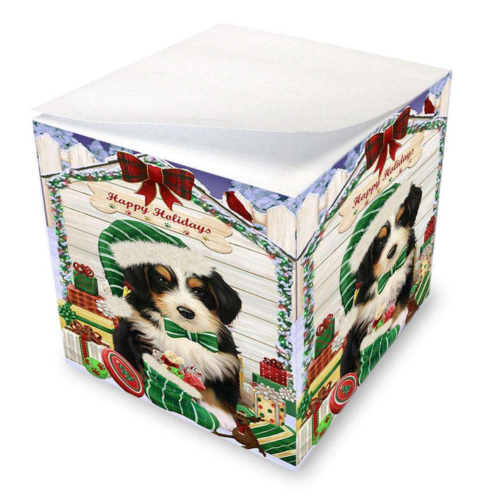 Happy Holidays Christmas Bernedoodle Dog House with Presents Note Cube NOC51333