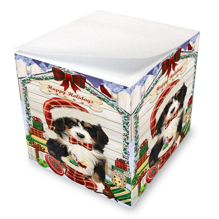 Happy Holidays Christmas Bernedoodle Dog House with Presents Note Cube NOC51334