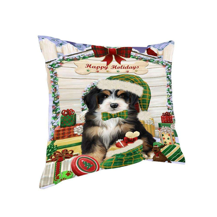 Happy Holidays Christmas Bernedoodle Dog House with Presents Pillow PIL61392