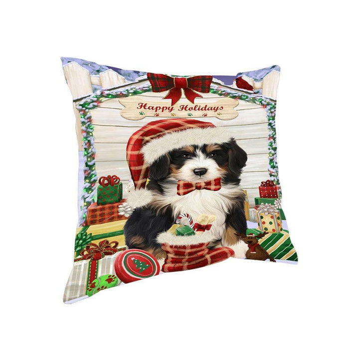 Happy Holidays Christmas Bernedoodle Dog House with Presents Pillow PIL61400