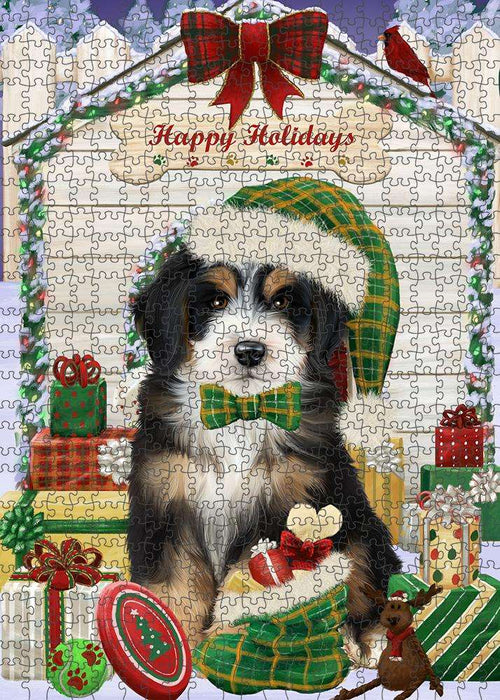 Happy Holidays Christmas Bernedoodle Dog House with Presents Puzzle with Photo Tin PUZL57858