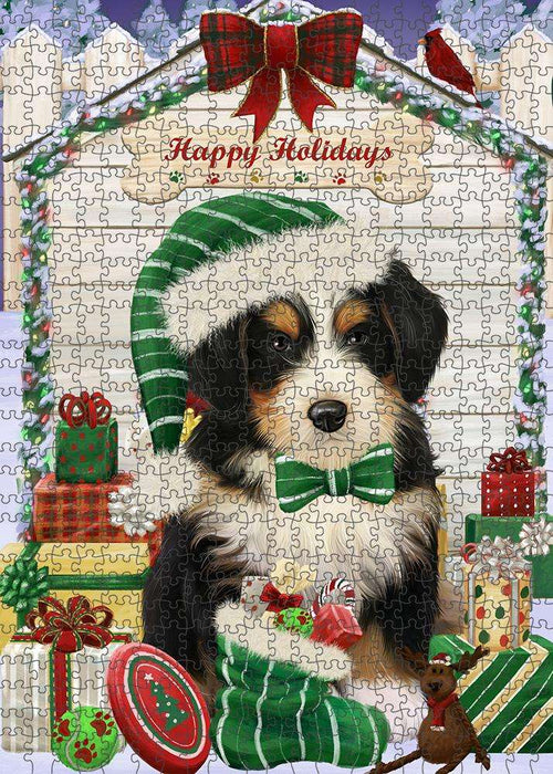 Happy Holidays Christmas Bernedoodle Dog House with Presents Puzzle with Photo Tin PUZL57861