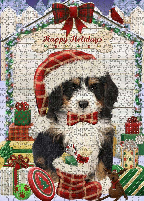 Happy Holidays Christmas Bernedoodle Dog House with Presents Puzzle with Photo Tin PUZL57864