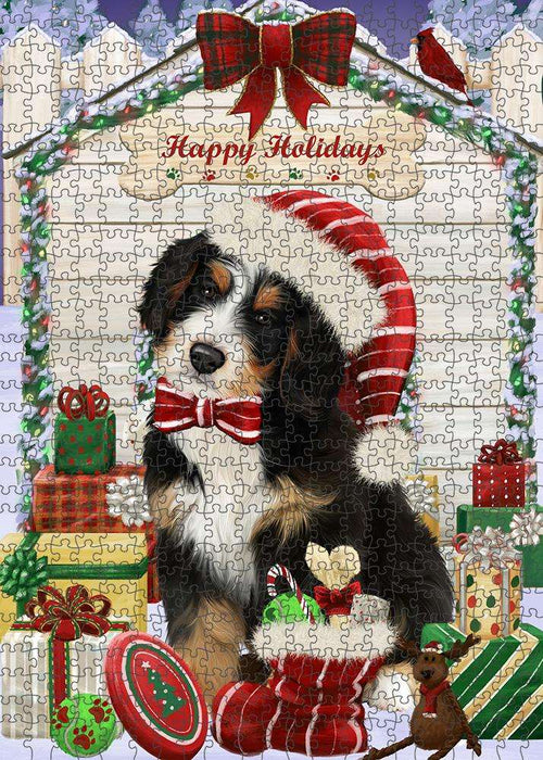 Happy Holidays Christmas Bernedoodle Dog House with Presents Puzzle with Photo Tin PUZL57867
