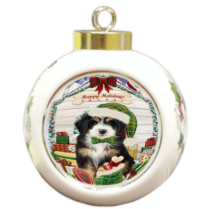 Happy Holidays Christmas Bernedoodle Dog House with Presents Round Ball Christmas Ornament RBPOR51332