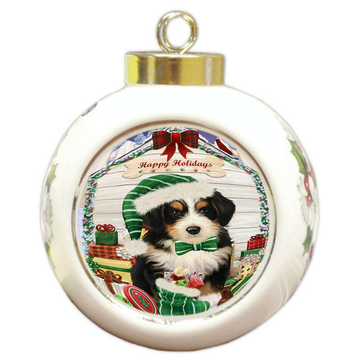 Happy Holidays Christmas Bernedoodle Dog House with Presents Round Ball Christmas Ornament RBPOR51333