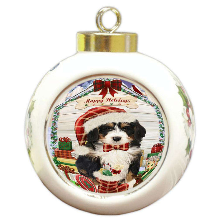Happy Holidays Christmas Bernedoodle Dog House with Presents Round Ball Christmas Ornament RBPOR51334