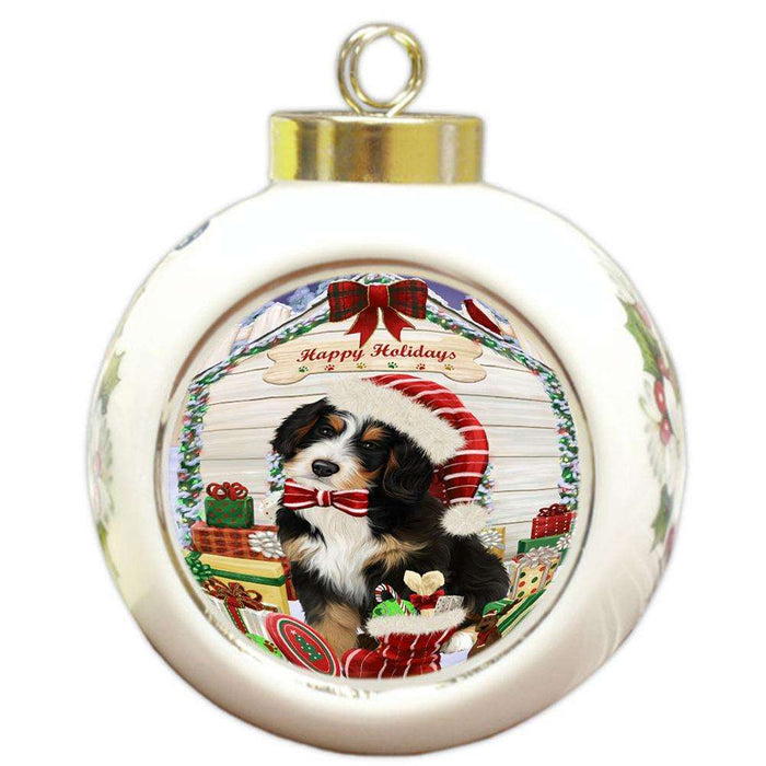 Happy Holidays Christmas Bernedoodle Dog House with Presents Round Ball Christmas Ornament RBPOR51335