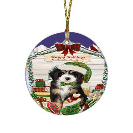 Happy Holidays Christmas Bernedoodle Dog House with Presents Round Flat Christmas Ornament RFPOR51323