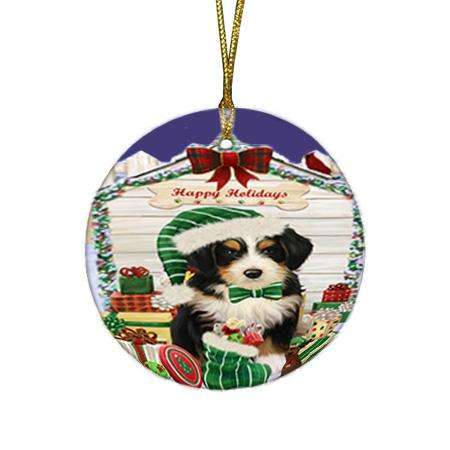Happy Holidays Christmas Bernedoodle Dog House with Presents Round Flat Christmas Ornament RFPOR51324