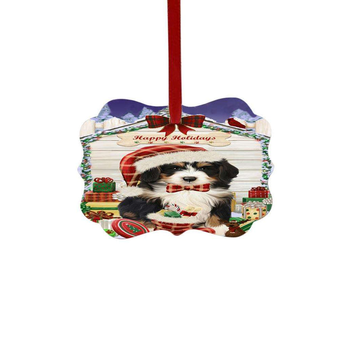 Happy Holidays Christmas Bernedoodle House With Presents Double-Sided Photo Benelux Christmas Ornament LOR49784