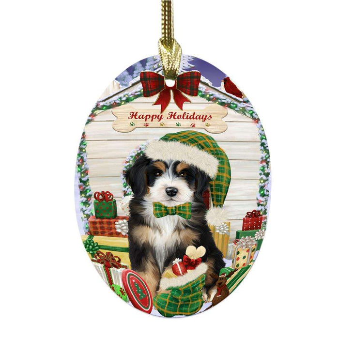 Happy Holidays Christmas Bernedoodle House With Presents Oval Glass Christmas Ornament OGOR49782