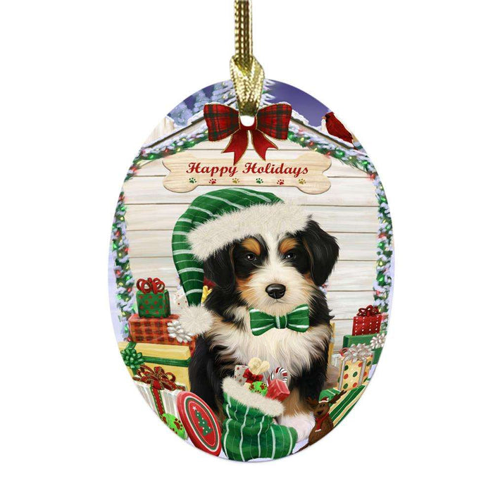 Happy Holidays Christmas Bernedoodle House With Presents Oval Glass Christmas Ornament OGOR49783