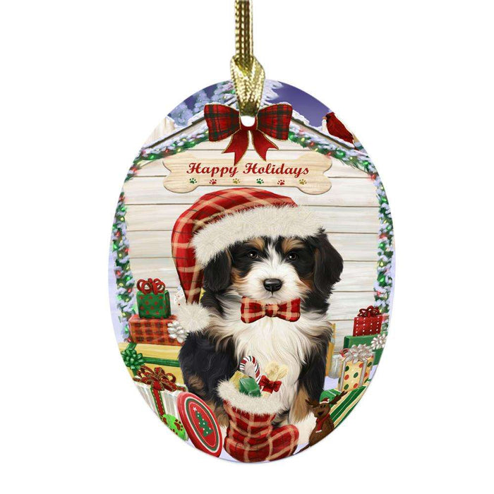 Happy Holidays Christmas Bernedoodle House With Presents Oval Glass Christmas Ornament OGOR49784
