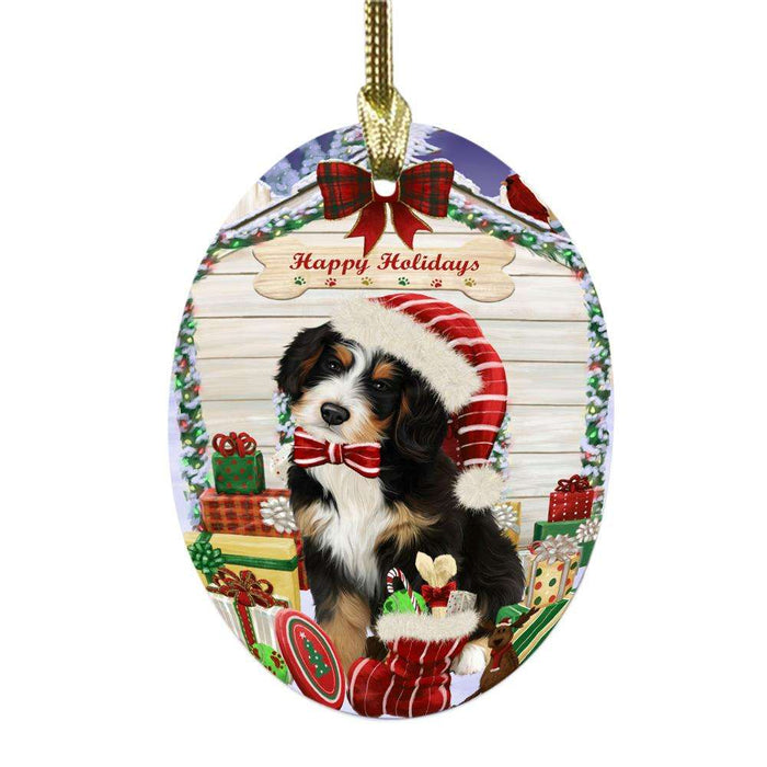 Happy Holidays Christmas Bernedoodle House With Presents Oval Glass Christmas Ornament OGOR49785
