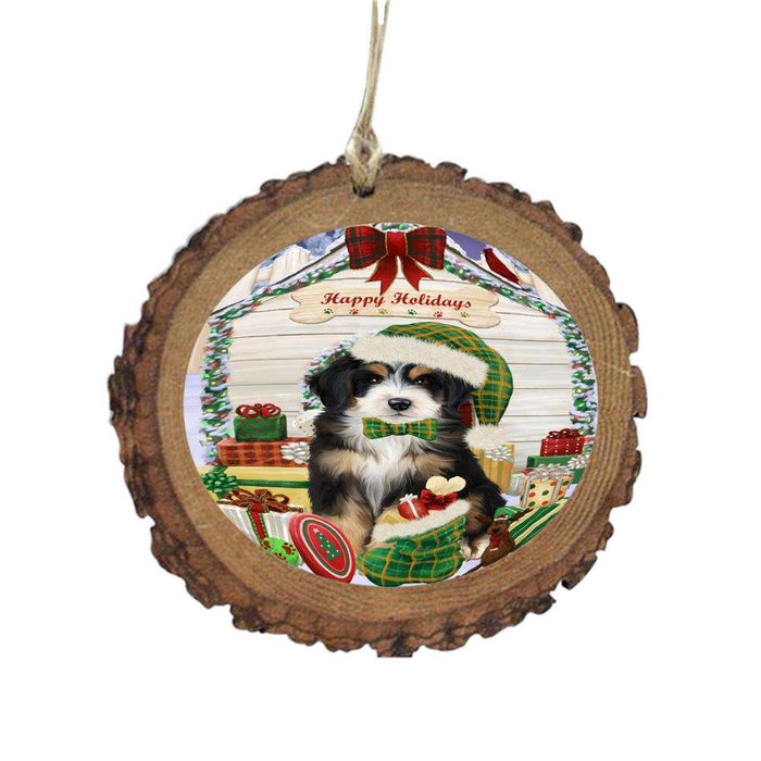Happy Holidays Christmas Bernedoodle House With Presents Wooden Christmas Ornament WOR49782