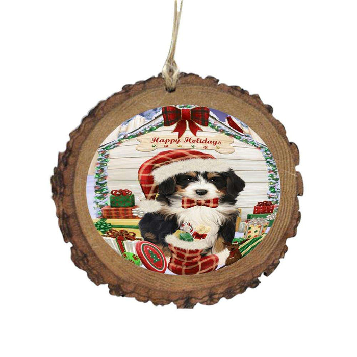 Happy Holidays Christmas Bernedoodle House With Presents Wooden Christmas Ornament WOR49784