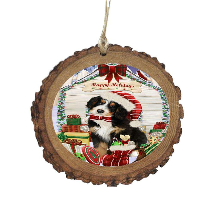 Happy Holidays Christmas Bernedoodle House With Presents Wooden Christmas Ornament WOR49785