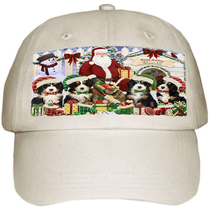 Happy Holidays Christmas Bernedoodles Dog House Gathering Ball Hat Cap HAT57570