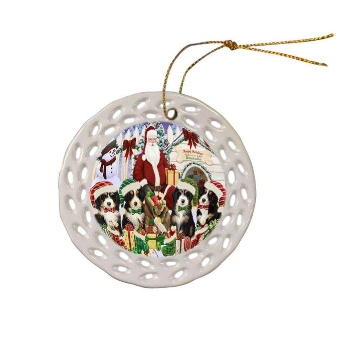 Happy Holidays Christmas Bernedoodles Dog House Gathering Ceramic Doily Ornament DPOR51279