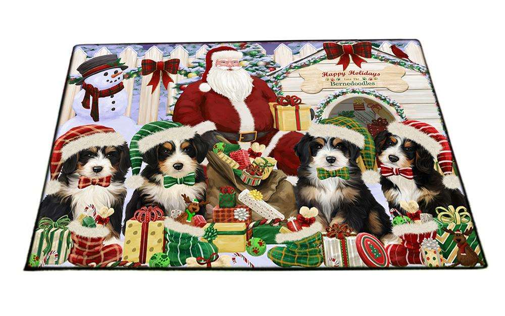 Happy Holidays Christmas Bernedoodles Dog House Gathering Floormat FLMS51048
