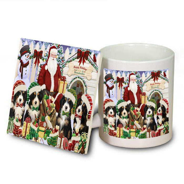 Happy Holidays Christmas Bernedoodles Dog House Gathering Mug and Coaster Set MUC51271