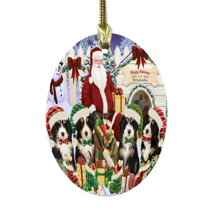 Happy Holidays Christmas Bernedoodles Dog House Gathering Oval Glass Christmas Ornament OGOR49682