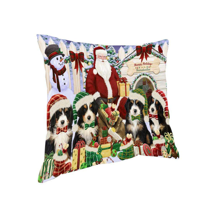 Happy Holidays Christmas Bernedoodles Dog House Gathering Pillow PIL61180