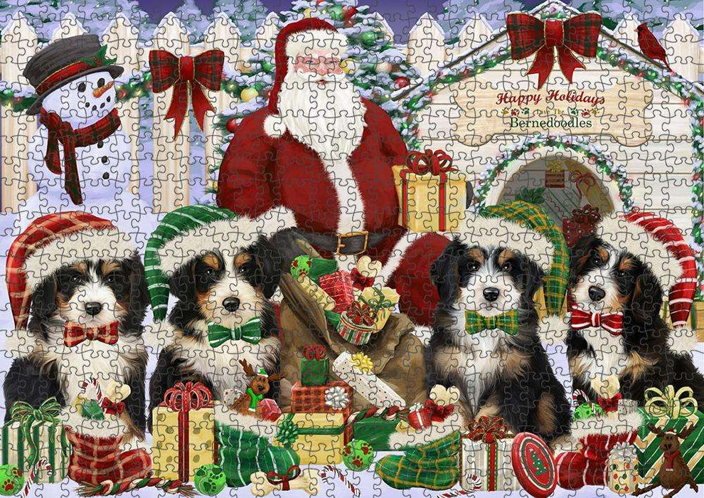 Happy Holidays Christmas Bernedoodles Dog House Gathering Puzzle with Photo Tin PUZL57699