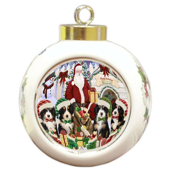Happy Holidays Christmas Bernedoodles Dog House Gathering Round Ball Christmas Ornament RBPOR51279