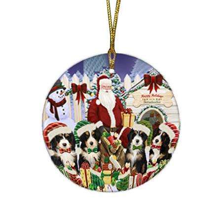 Happy Holidays Christmas Bernedoodles Dog House Gathering Round Flat Christmas Ornament RFPOR51270