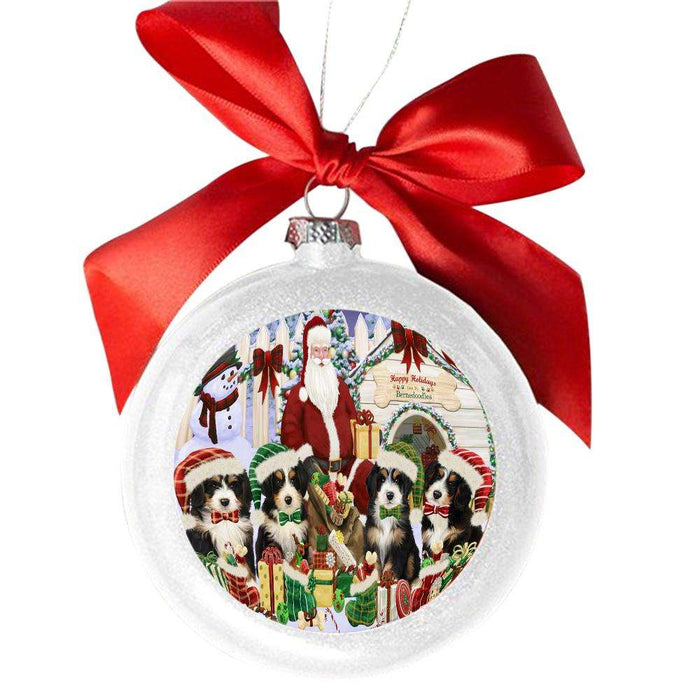 Happy Holidays Christmas Bernedoodles Dog House Gathering White Round Ball Christmas Ornament WBSOR49682