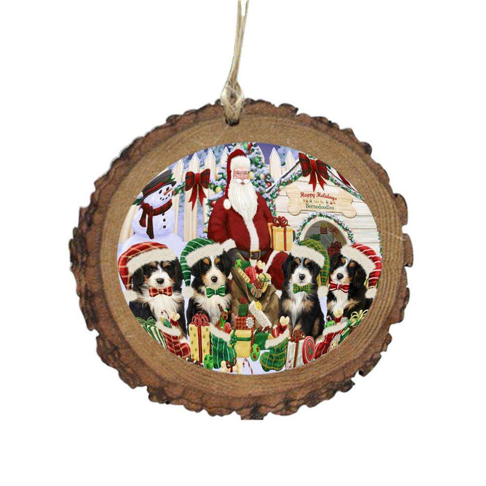 Happy Holidays Christmas Bernedoodles Dog House Gathering Wooden Christmas Ornament WOR49682