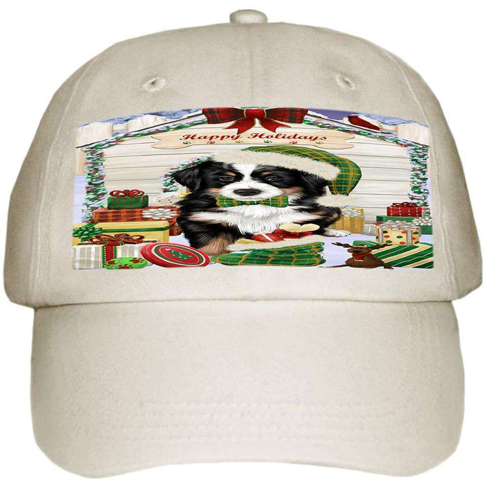 Happy Holidays Christmas Bernese Mountain Dog House with Presents Ball Hat Cap HAT57741