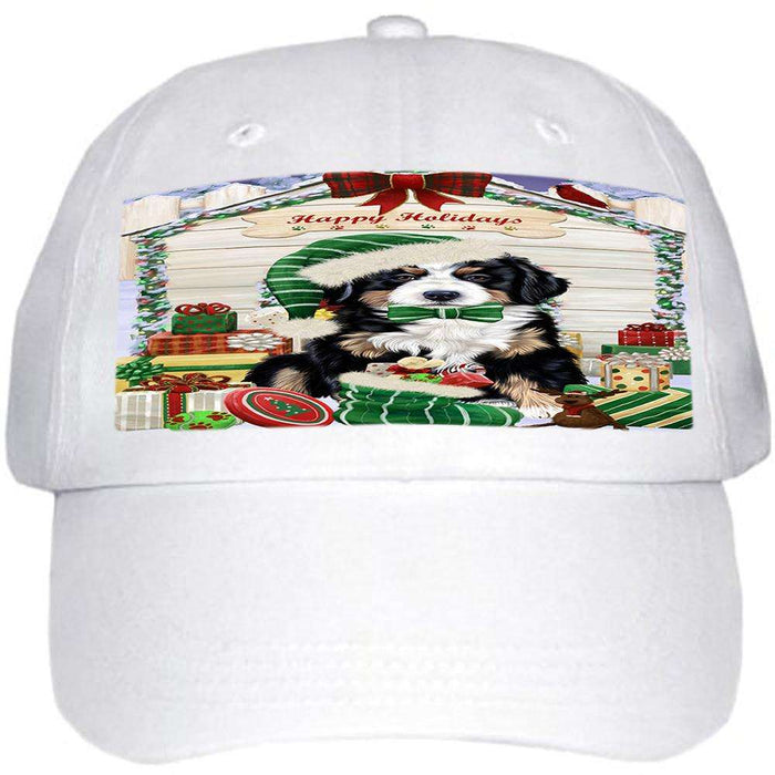 Happy Holidays Christmas Bernese Mountain Dog House with Presents Ball Hat Cap HAT57744