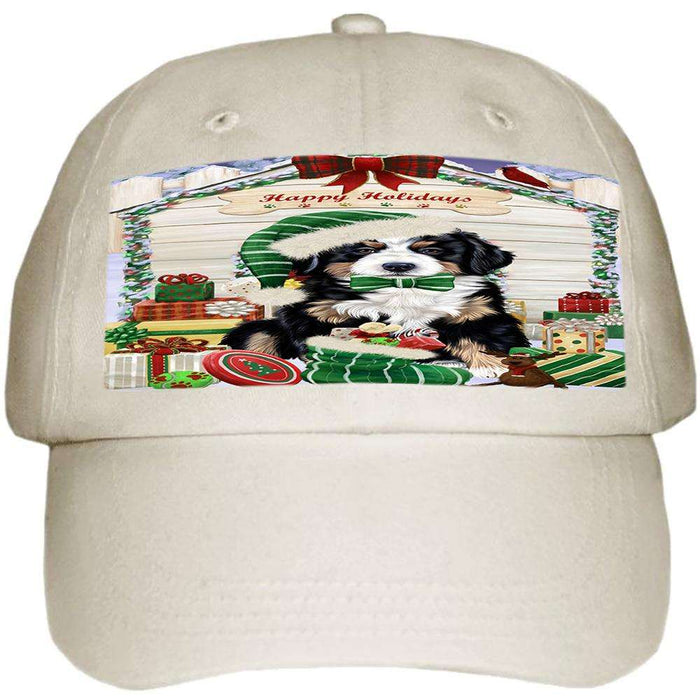 Happy Holidays Christmas Bernese Mountain Dog House with Presents Ball Hat Cap HAT57744