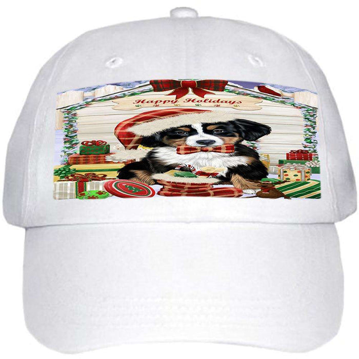 Happy Holidays Christmas Bernese Mountain Dog House with Presents Ball Hat Cap HAT57747