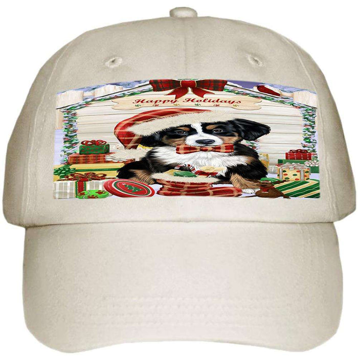 Happy Holidays Christmas Bernese Mountain Dog House with Presents Ball Hat Cap HAT57747