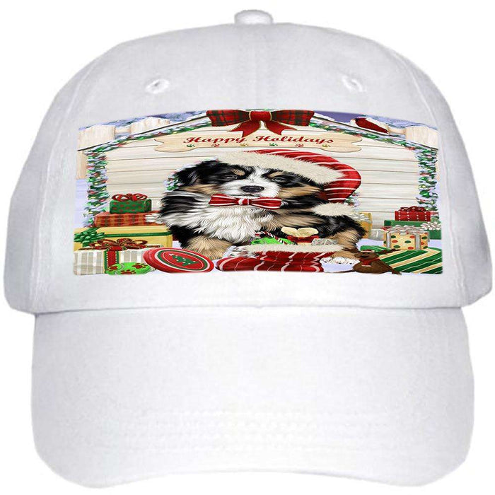 Happy Holidays Christmas Bernese Mountain Dog House with Presents Ball Hat Cap HAT57750