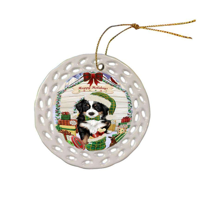 Happy Holidays Christmas Bernese Mountain Dog House with Presents Ceramic Doily Ornament DPOR51336