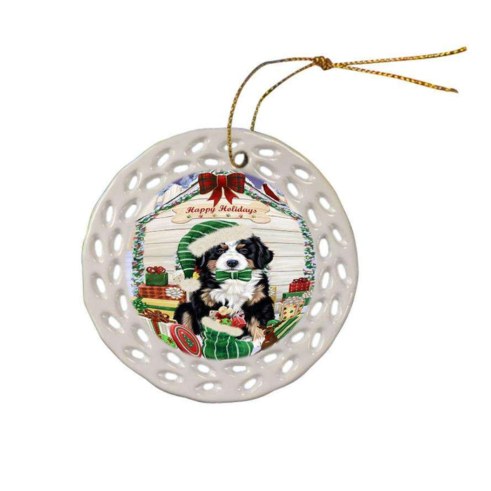 Happy Holidays Christmas Bernese Mountain Dog House with Presents Ceramic Doily Ornament DPOR51337