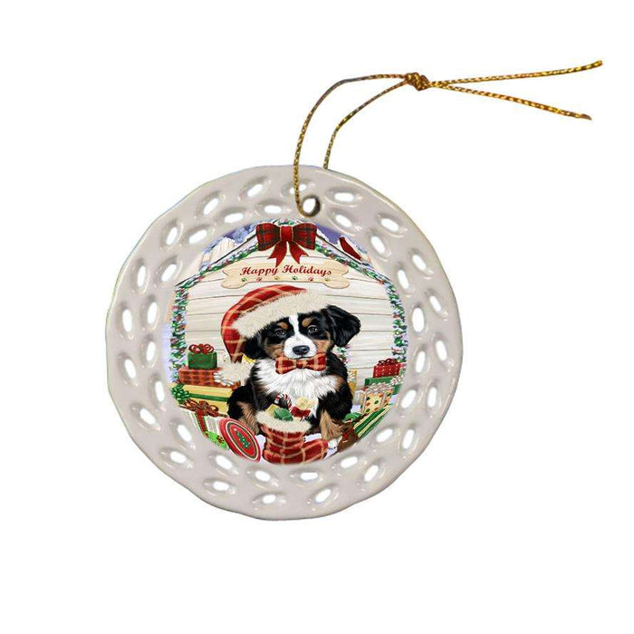 Happy Holidays Christmas Bernese Mountain Dog House with Presents Ceramic Doily Ornament DPOR51338