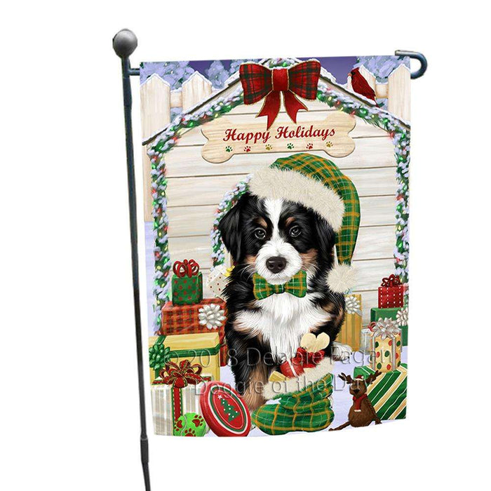 Happy Holidays Christmas Bernese Mountain Dog House with Presents Garden Flag GFLG51258
