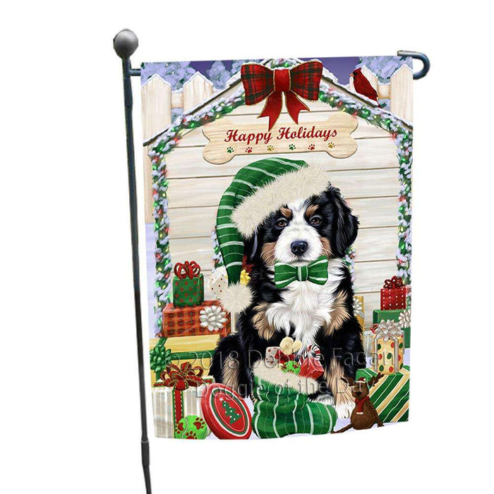 Happy Holidays Christmas Bernese Mountain Dog House with Presents Garden Flag GFLG51259