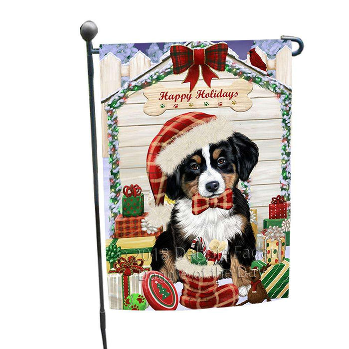 Happy Holidays Christmas Bernese Mountain Dog House with Presents Garden Flag GFLG51260