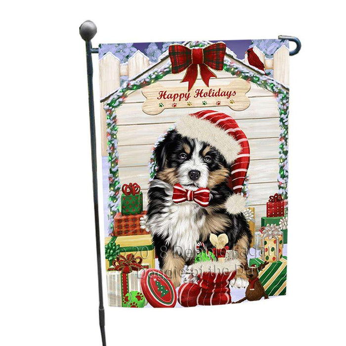 Happy Holidays Christmas Bernese Mountain Dog House with Presents Garden Flag GFLG51261