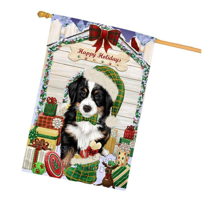 Happy Holidays Christmas Bernese Mountain Dog House with Presents House Flag FLG51394