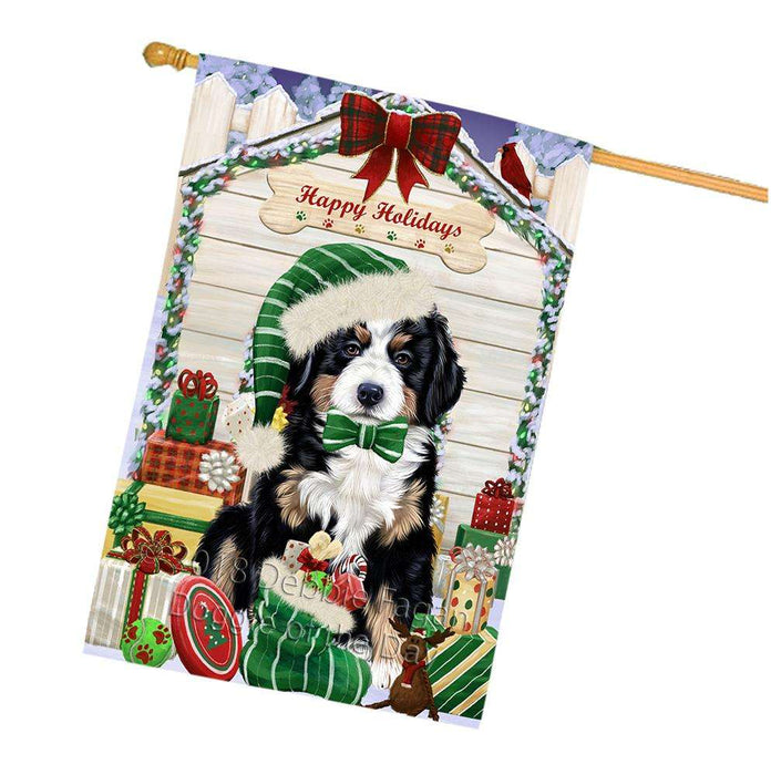 Happy Holidays Christmas Bernese Mountain Dog House with Presents House Flag FLG51395