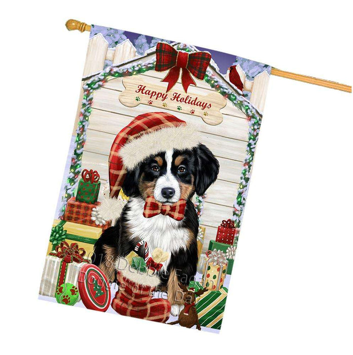 Happy Holidays Christmas Bernese Mountain Dog House with Presents House Flag FLG51396